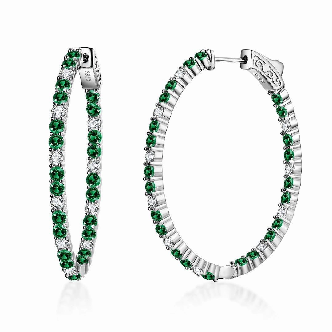 Sterling Silver Oval Emerald, Ruby and Sapphire CZ Hoop Earrings Charming Glow Trendy Gifts