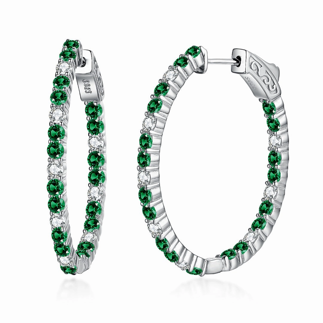 Sterling Silver Oval Emerald, Ruby and Sapphire CZ Hoop Earrings Opulent Shine