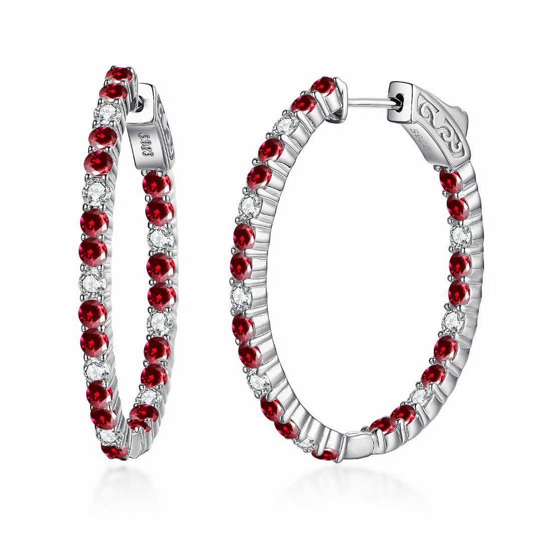 Sterling Silver Oval Emerald, Ruby and Sapphire CZ Hoop Earrings Elegant Pop