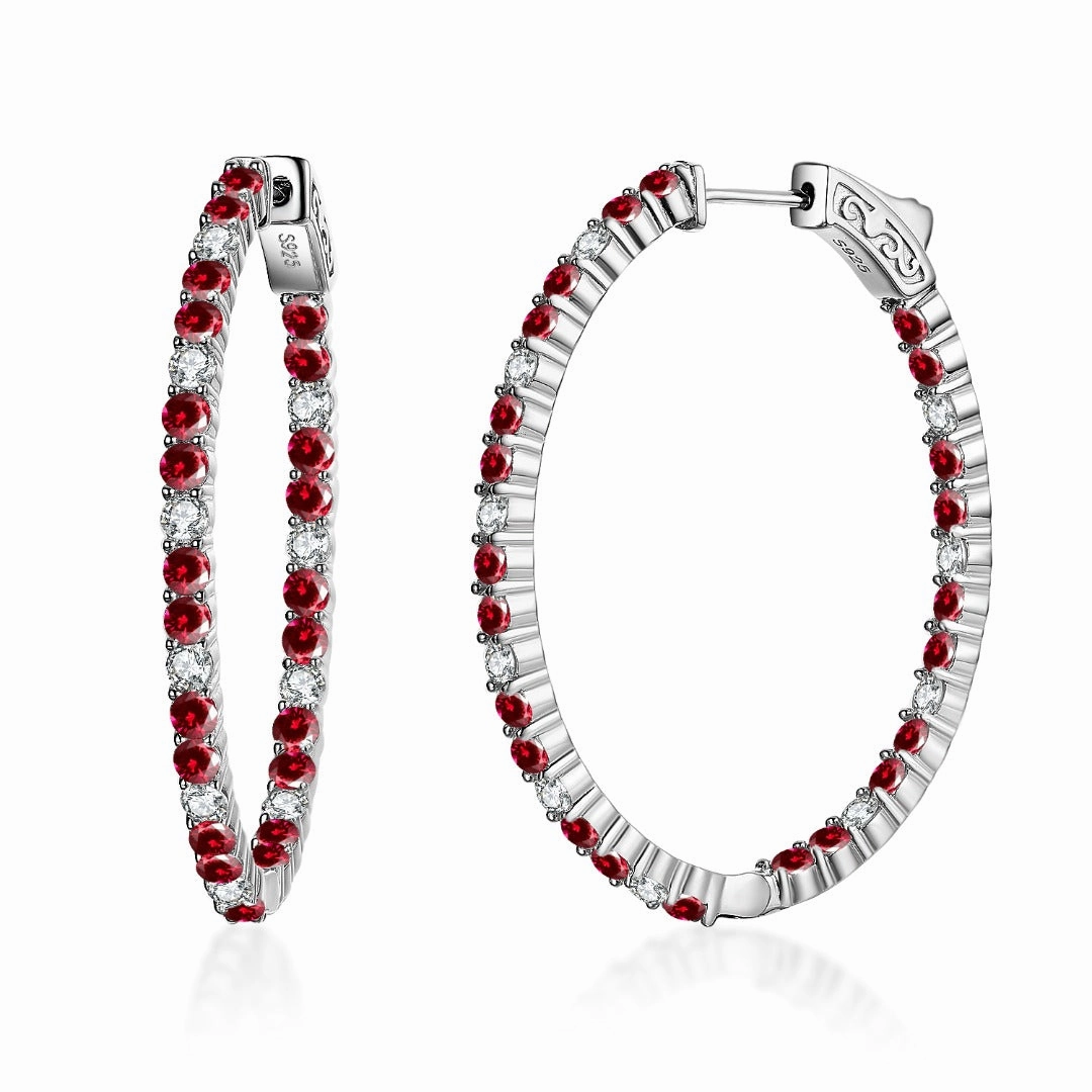 Sterling Silver Oval Emerald, Ruby and Sapphire CZ Hoop Earrings Lustrous Look