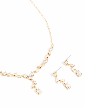 Gloss Layer Gold Cubic Zirconia Flower Vine Necklace & Drop Earrings Set