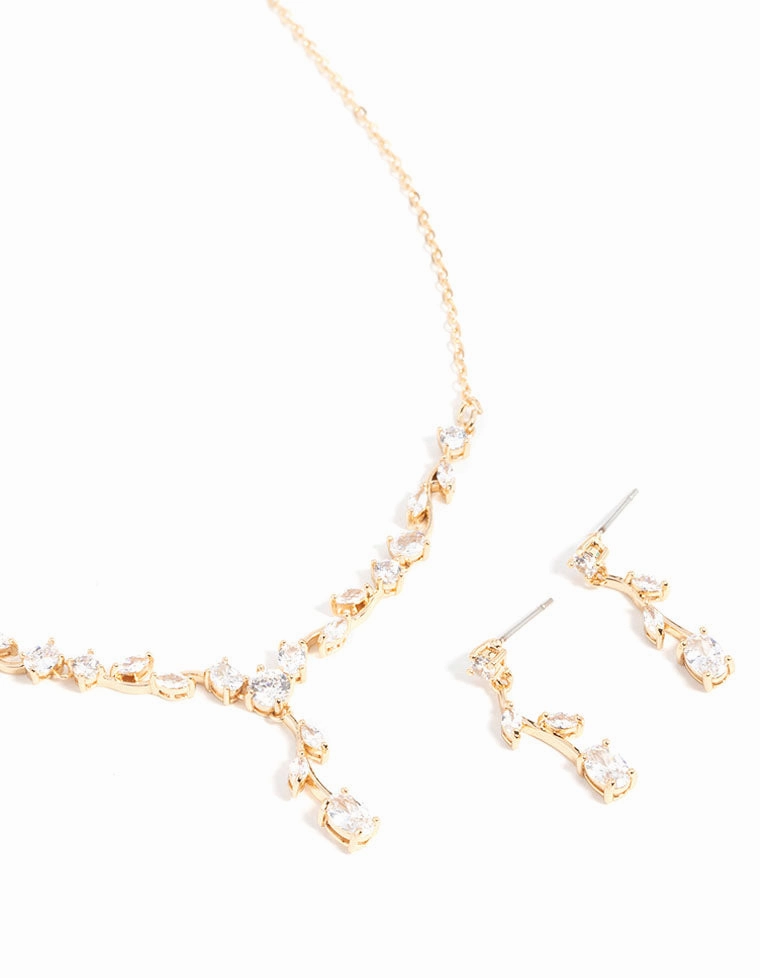 Gloss Layer Gold Cubic Zirconia Flower Vine Necklace & Drop Earrings Set
