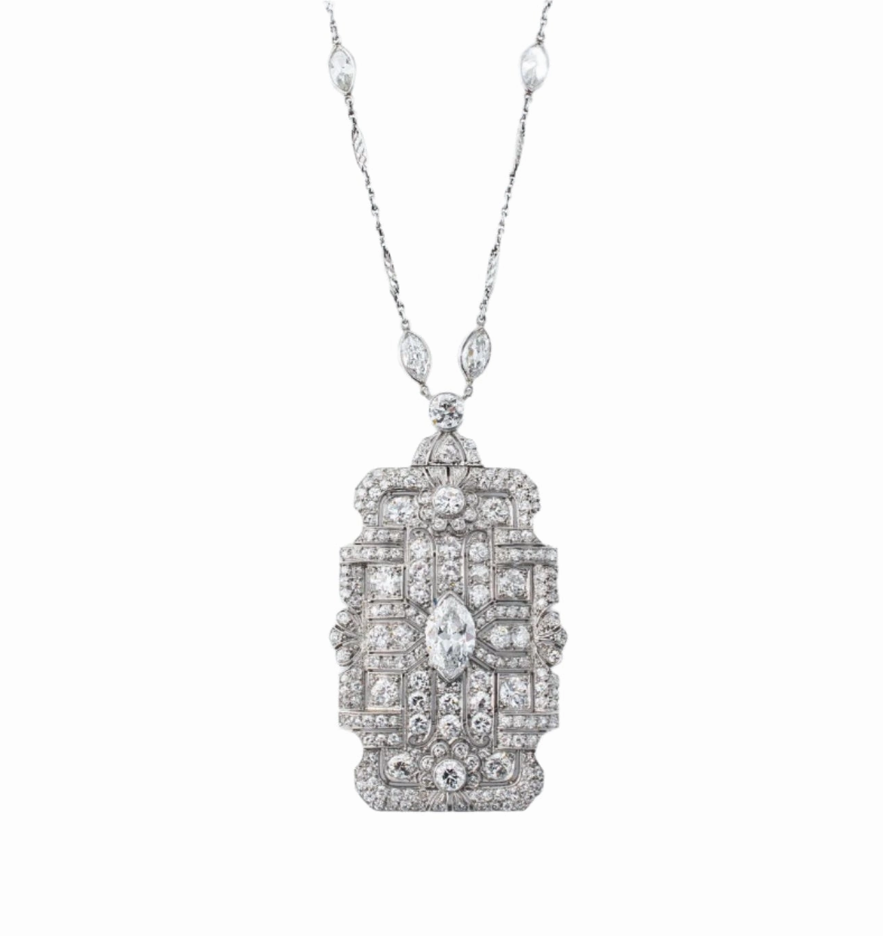 Crisp Detail Inspired Accent Vintage Art Deco Style Diamond and Platinum Necklace.