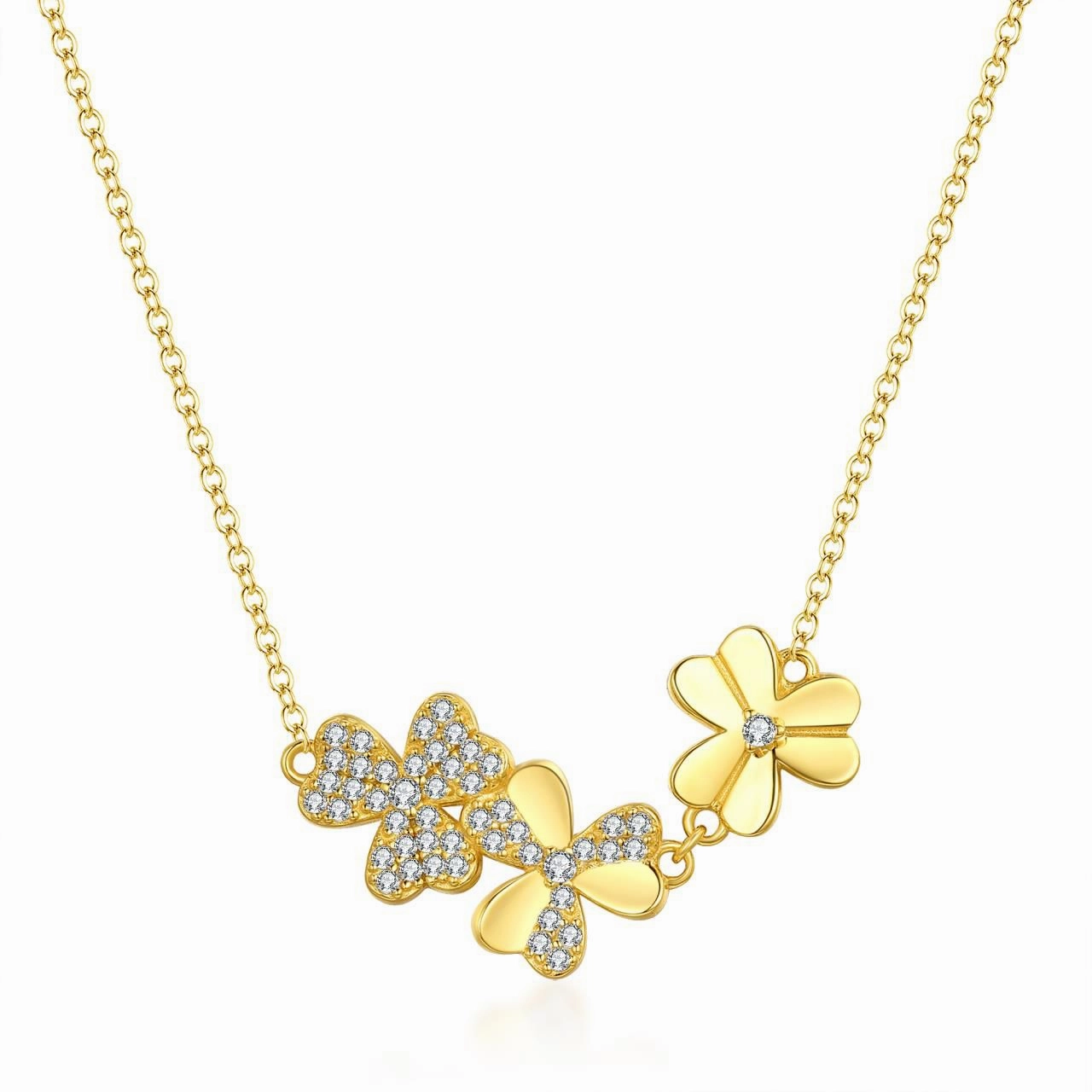 Gold Plated Sterling Silver Horizontal Triple Flower Necklace Stylish Gift Trend Forward