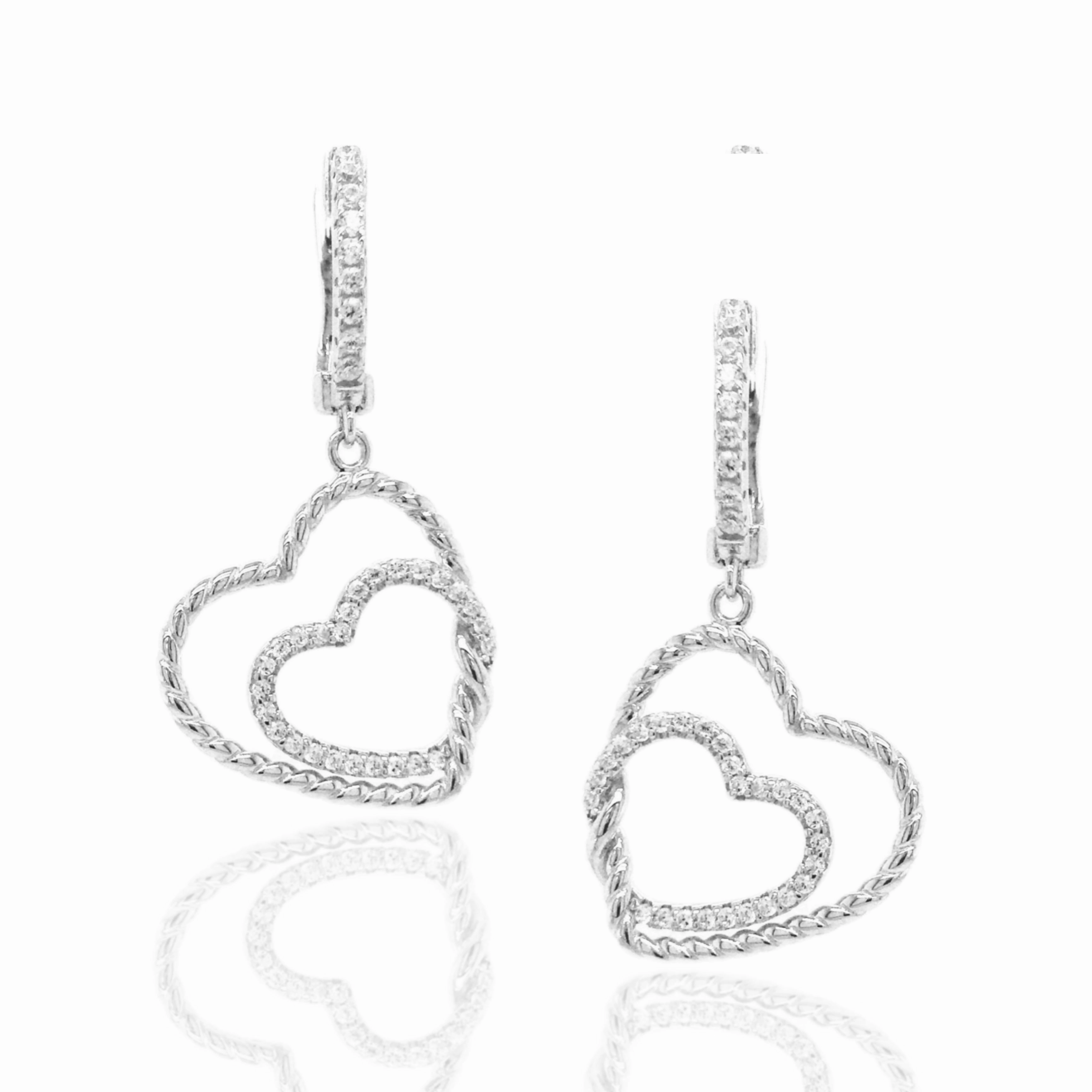 Graceful Finish Rhodium Plated Sterling Silver CZ Double Heart Earring