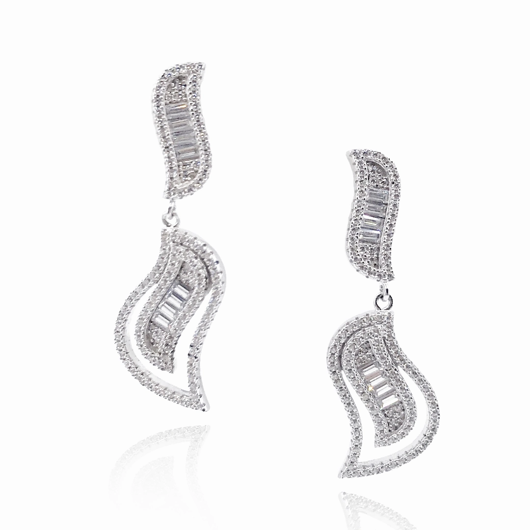 Soft Shadow Understated Form Sterling Silver Micro Pave and Baguette CZ Leaf Earrings