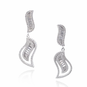 Soft Shadow Understated Form Sterling Silver Micro Pave and Baguette CZ Leaf Earrings