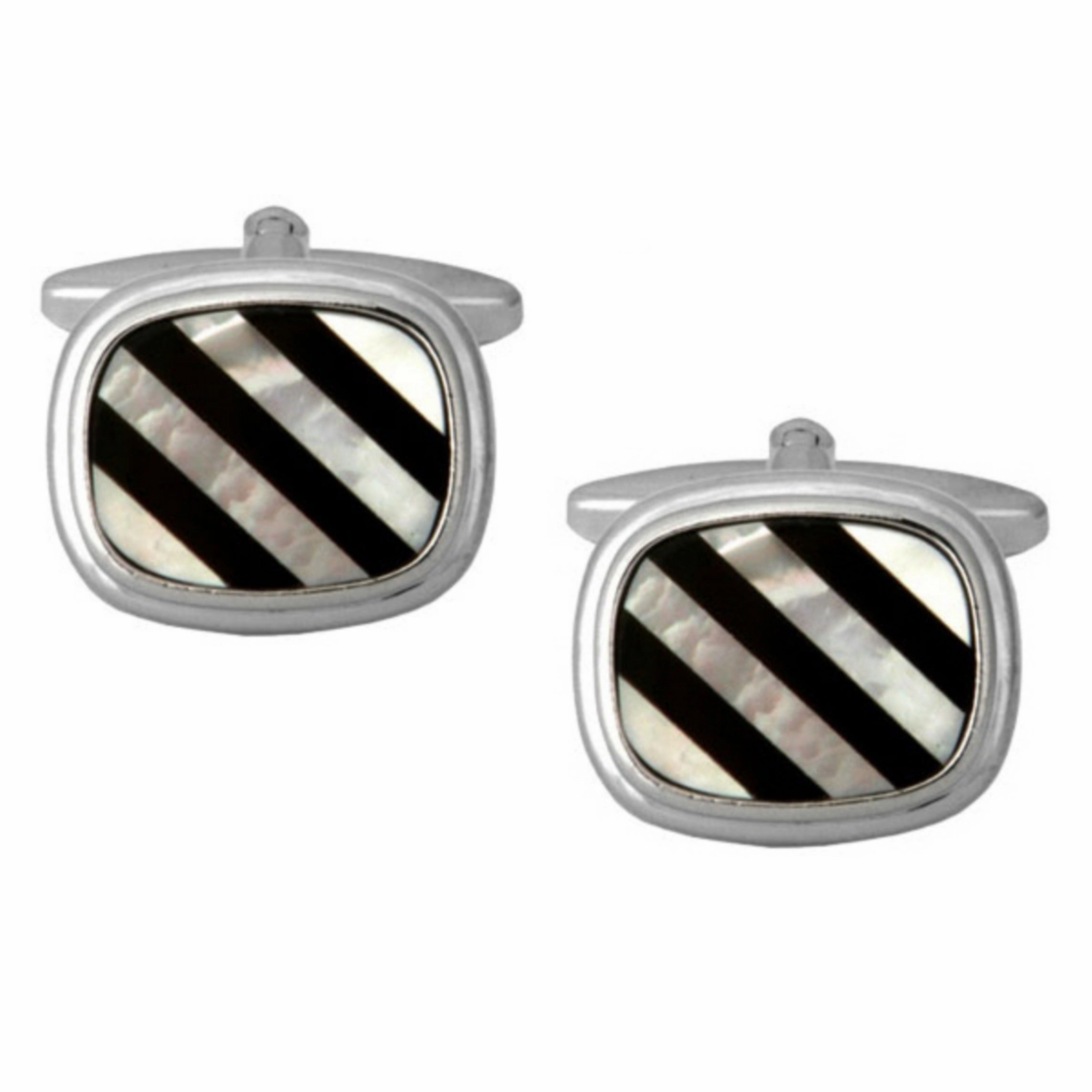 Rhodium Plated Rectangular Cushion Shaped Black Onyx and MoP Lines Cufflinks Camera Ready