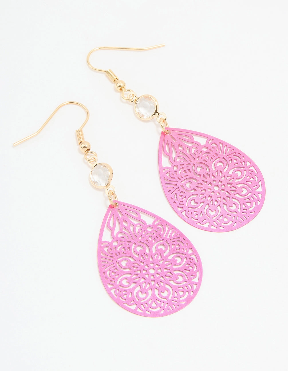 Gold Diamante Pink Filigree Drop Earrings Radiant Design Evening Style