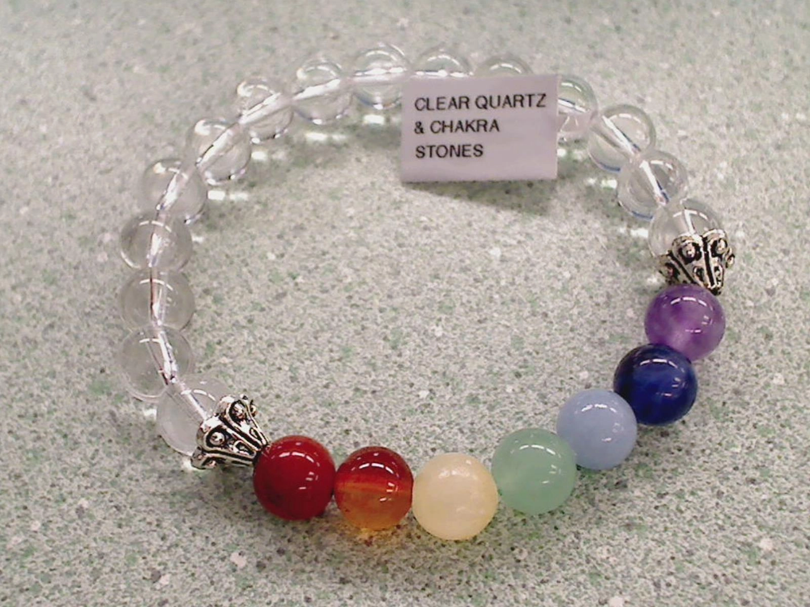 Bold Design Clear Quartz With Chakra Stones 8MM Stretch Bracelet