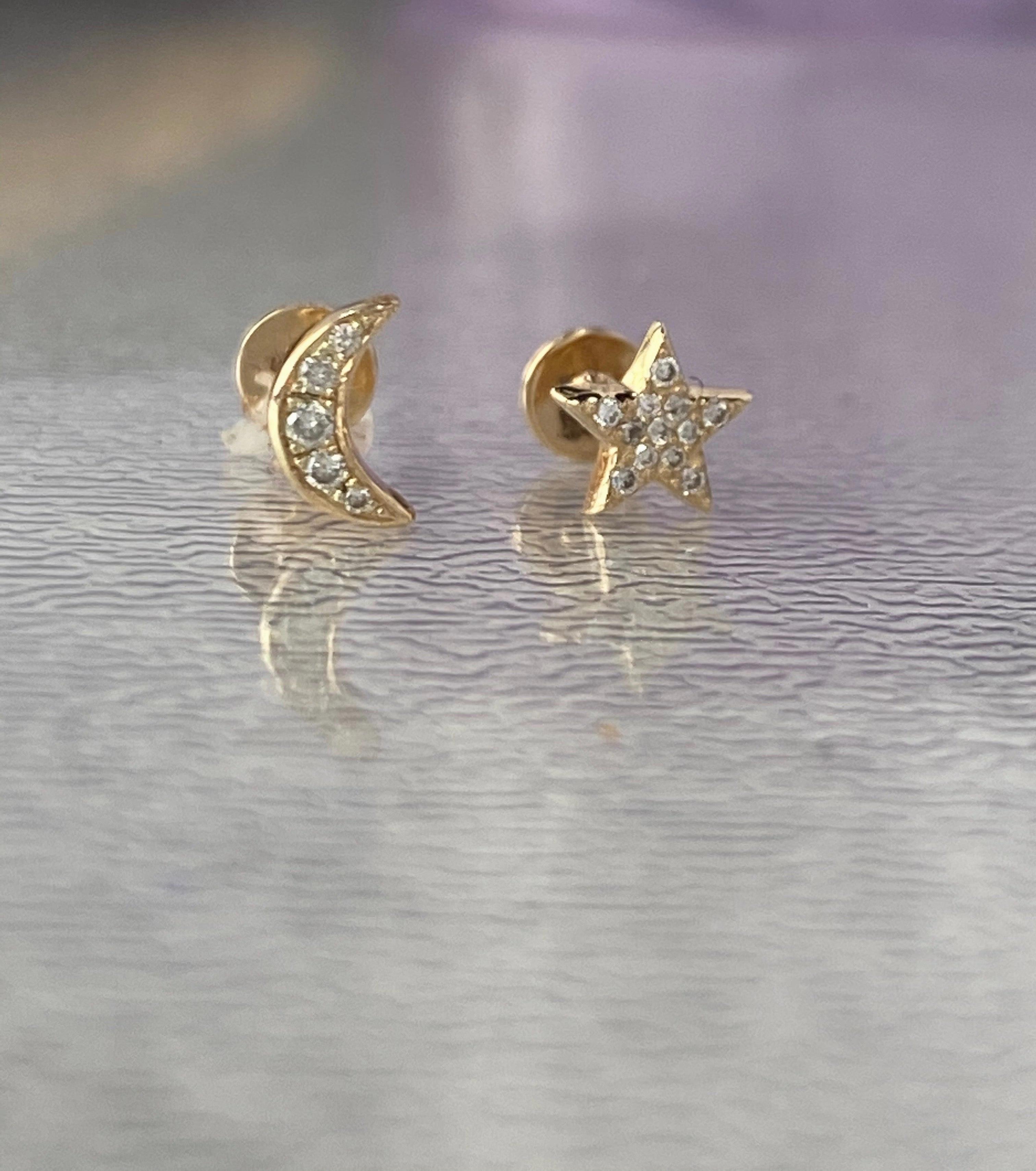 Spiral Jewelry 14K Gold Push Flat Back Diamond Moon/Star Earring