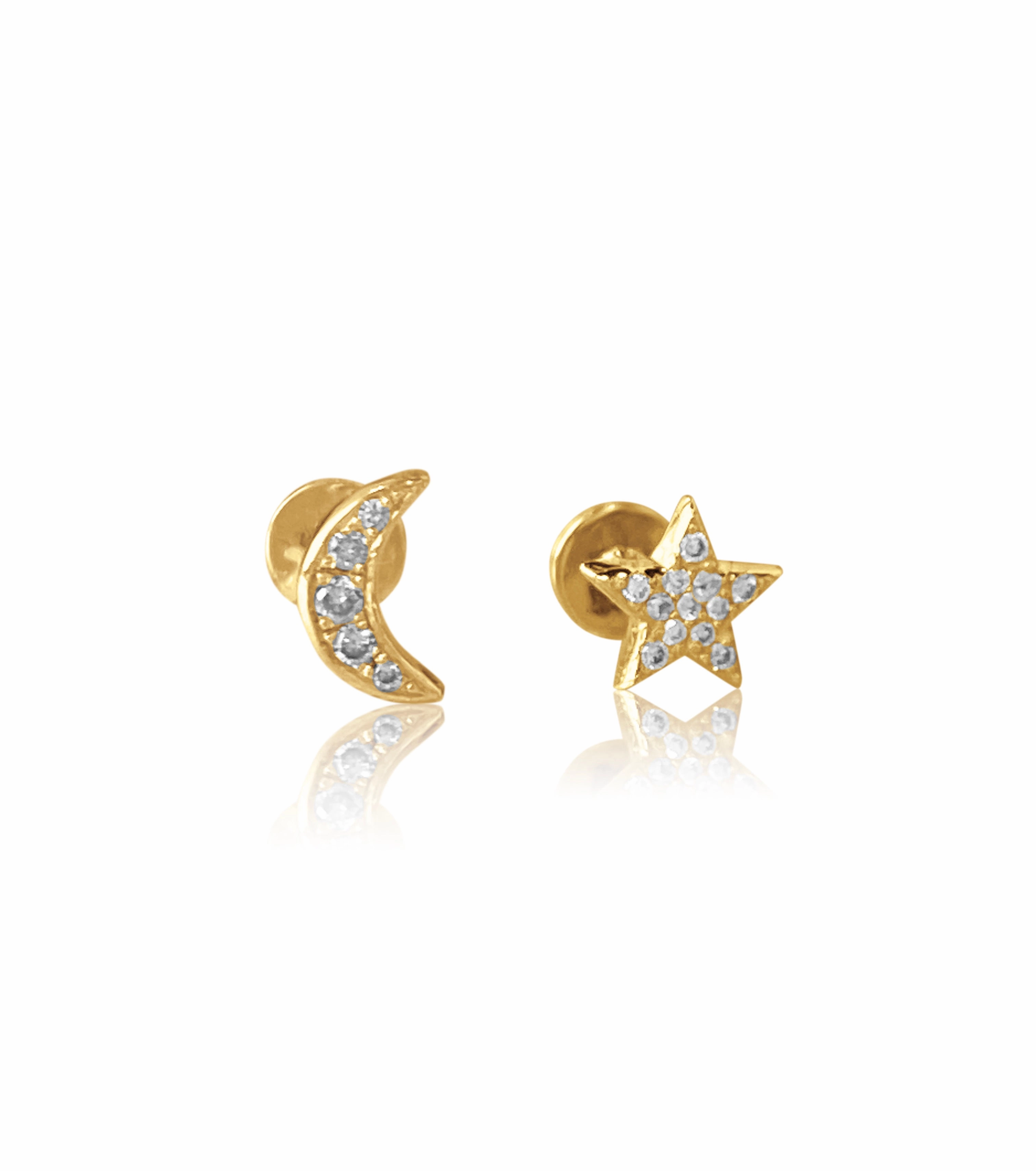 Shiny Detail 14K Gold Push Flat Back Diamond Moon/Star Earring