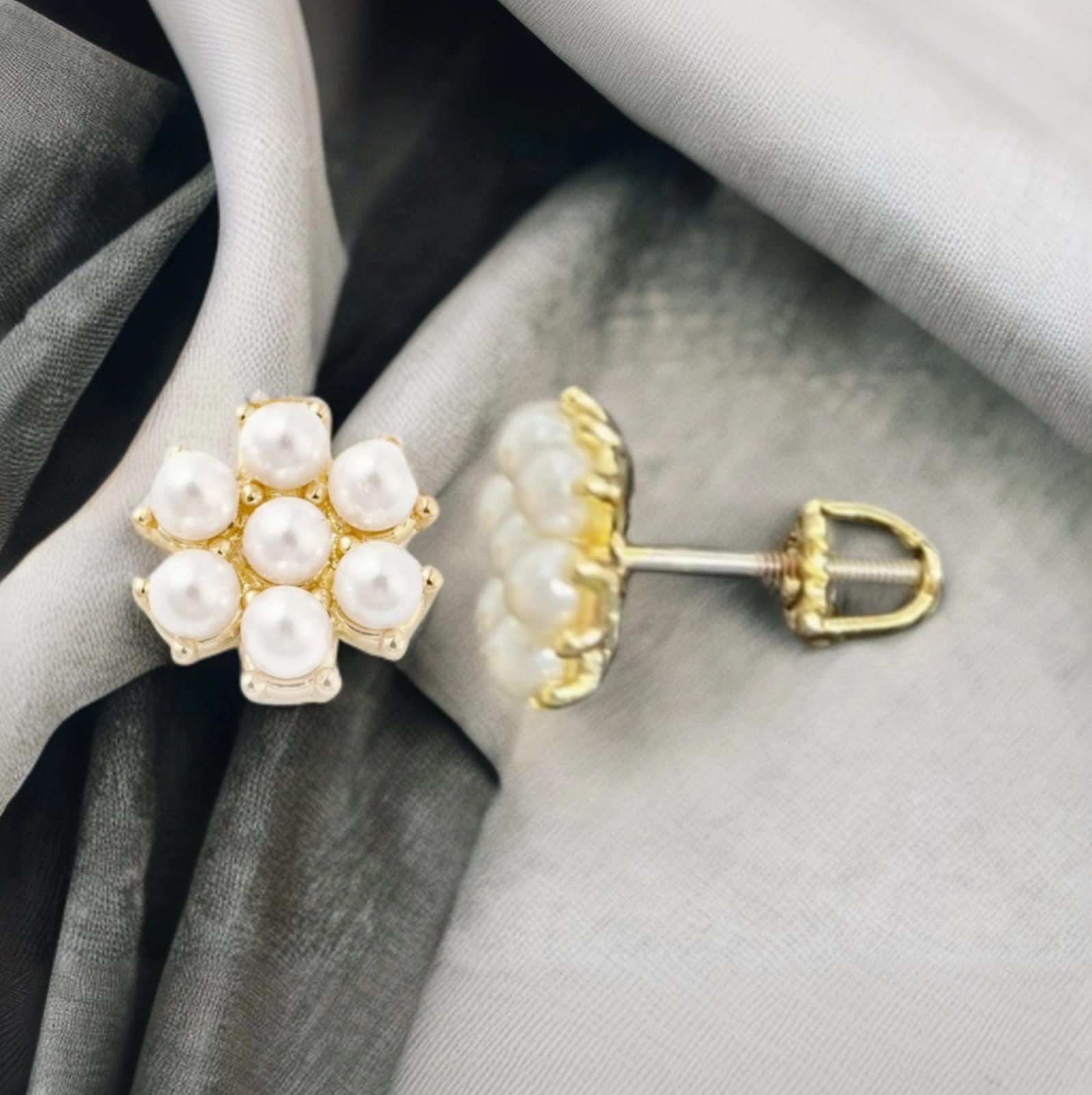 Precious Touch Surgical Steel Gold Plated Pearl Cluster Stud Earring