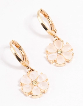 Gold Dainty Pearly Flower Huggie Earrings Shiny Finish