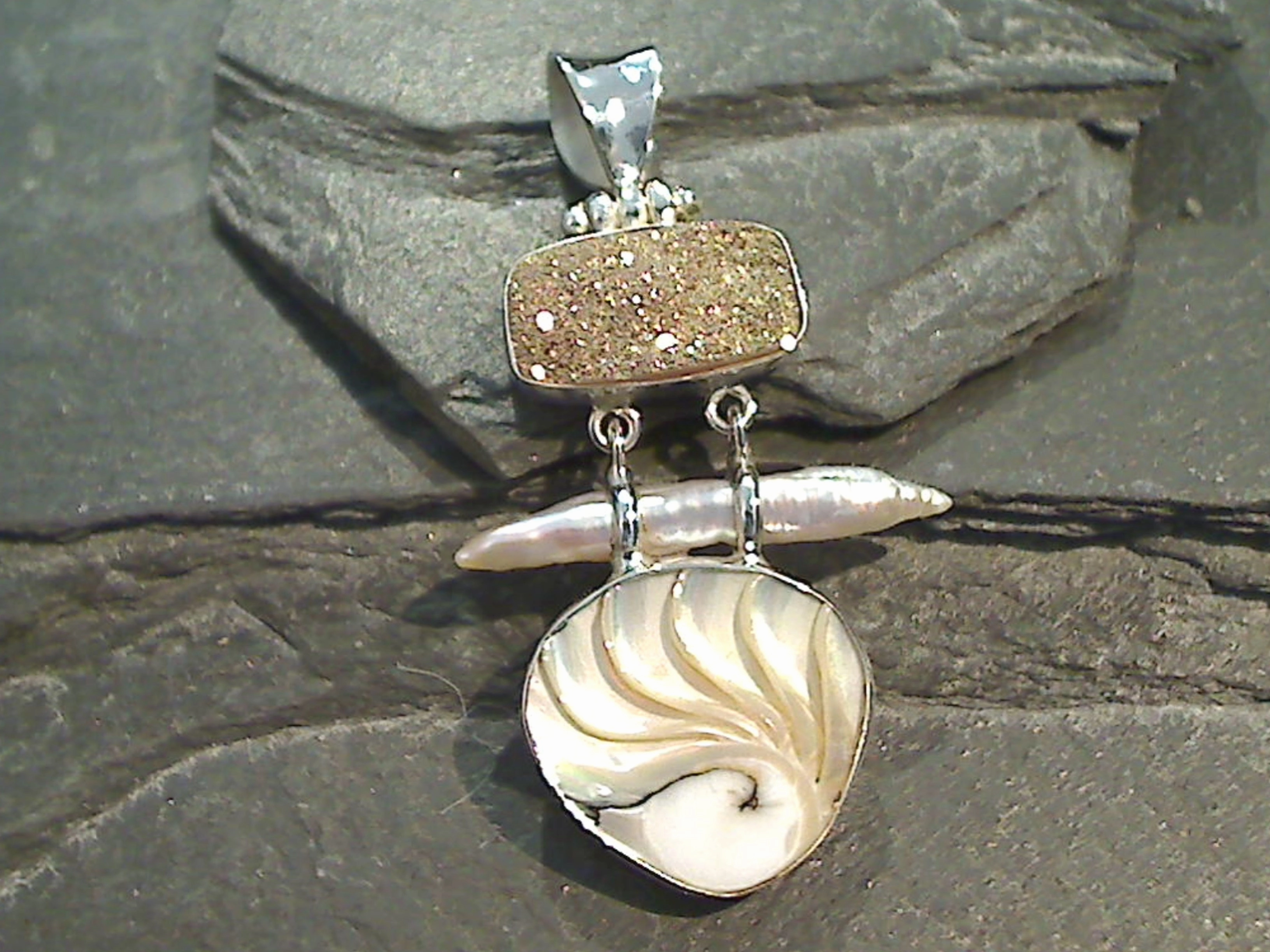 Nautilus Shell, Druzy, Biwa Pearl, Sterling Silver Pendant Dressed Look Luxury Touch