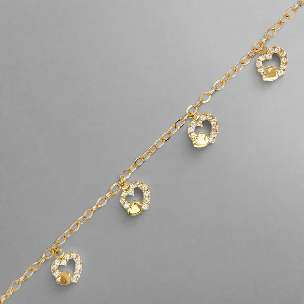 Seasonal Shine 14k Gold Hanging CZ Hearts Children's Bracelet