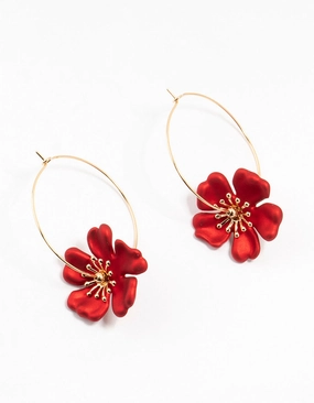 Stylish charm Lively Detail Gold Red Pearlised Stapled Flower Drop Earrings