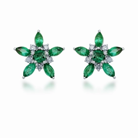 Contemporary Craft 10K Gold Diamond and Emerald Flower Stud Earrings