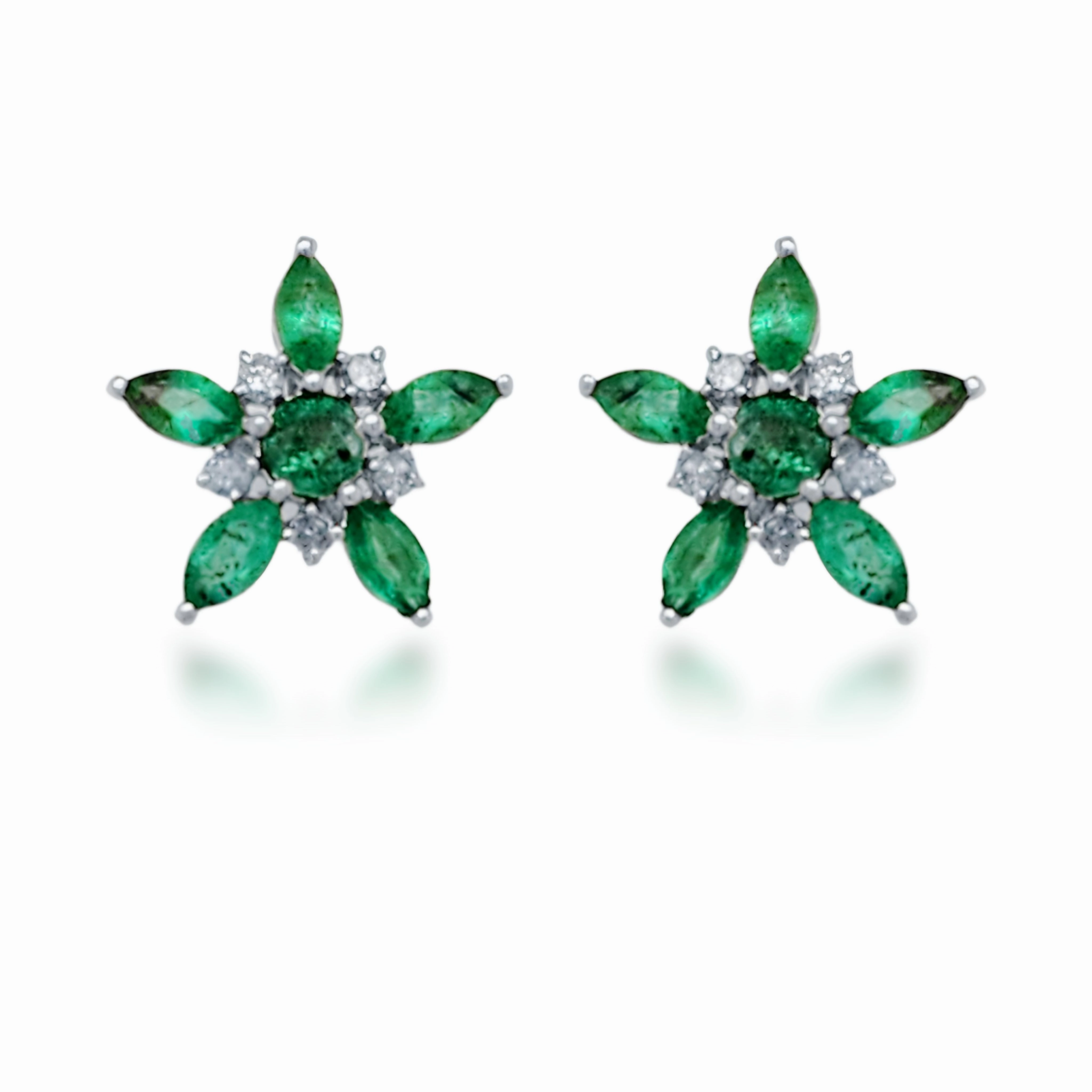 Contemporary Craft 10K Gold Diamond and Emerald Flower Stud Earrings