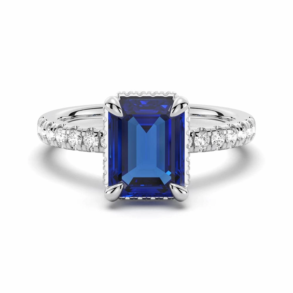 Emerald Cut Blue Sapphire and White Sapphire Ring Daily Match Style Focus