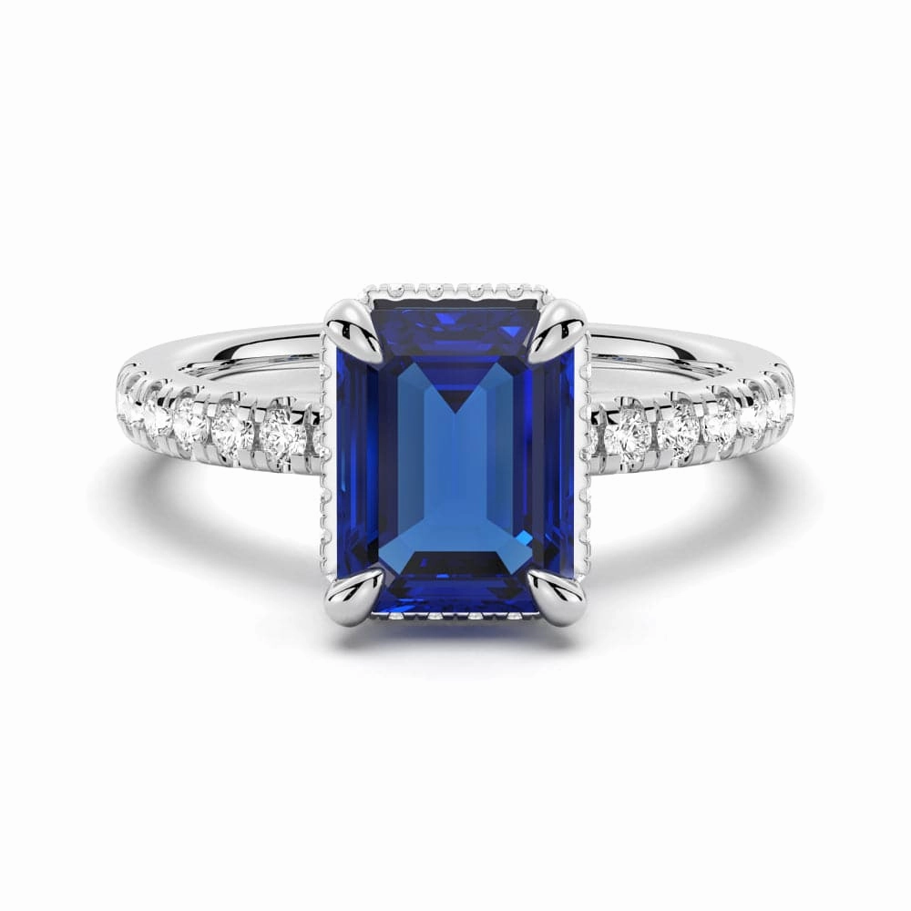Emerald Cut Blue Sapphire and White Sapphire Ring Casual Elegance Everyday Appeal