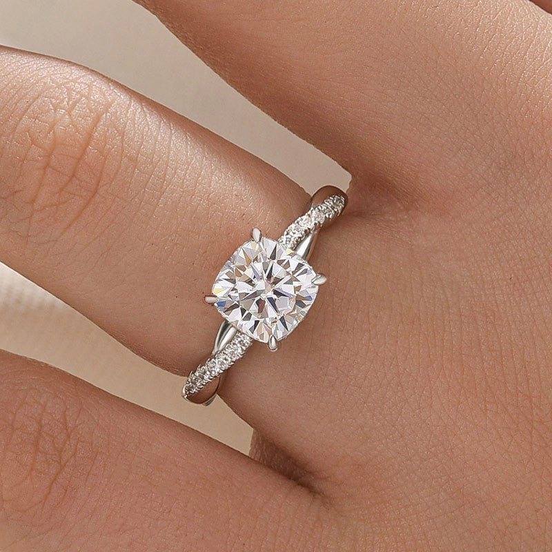 Casual Charm Trendy Vibe Moissanite 2.0Ct Cushion Cut Twist Engagement Ring Travel Ring In Sterling Silver