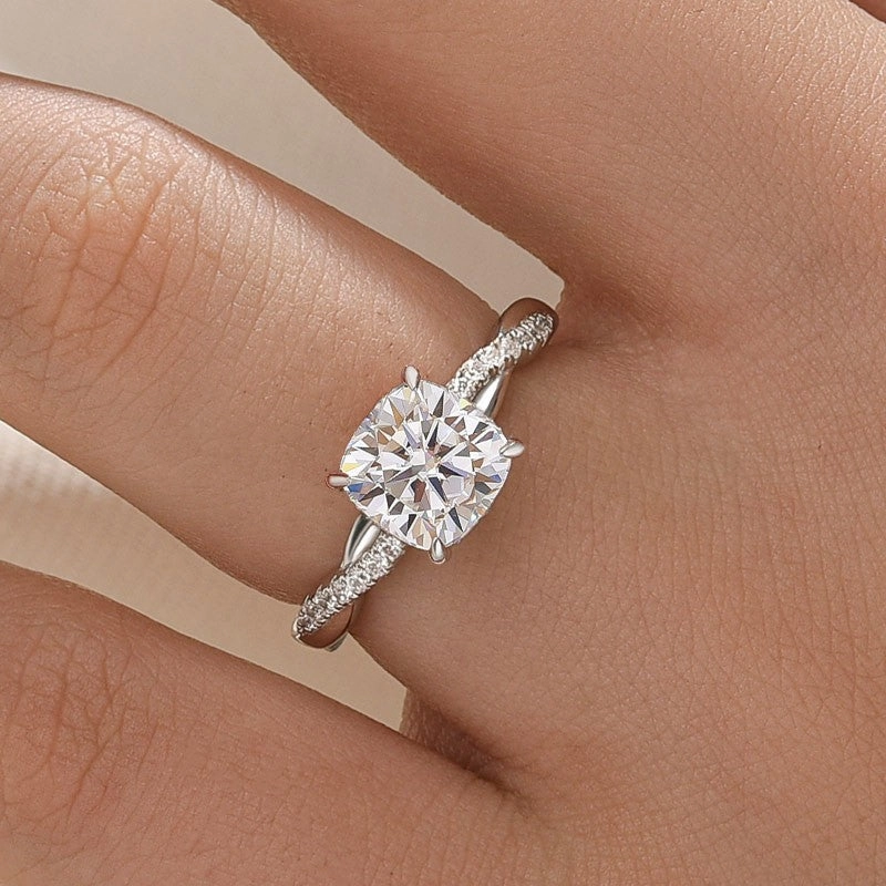 Moissanite 2.0Ct Cushion Cut Twist Engagement Ring Travel Ring In Sterling Silver Secure Symbol Designer Piece