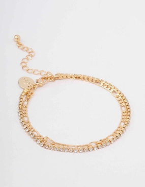 Floral Patterns Unrestricted Amalgamations Gold Plated Brass Double Chain & Crystal Bracelet