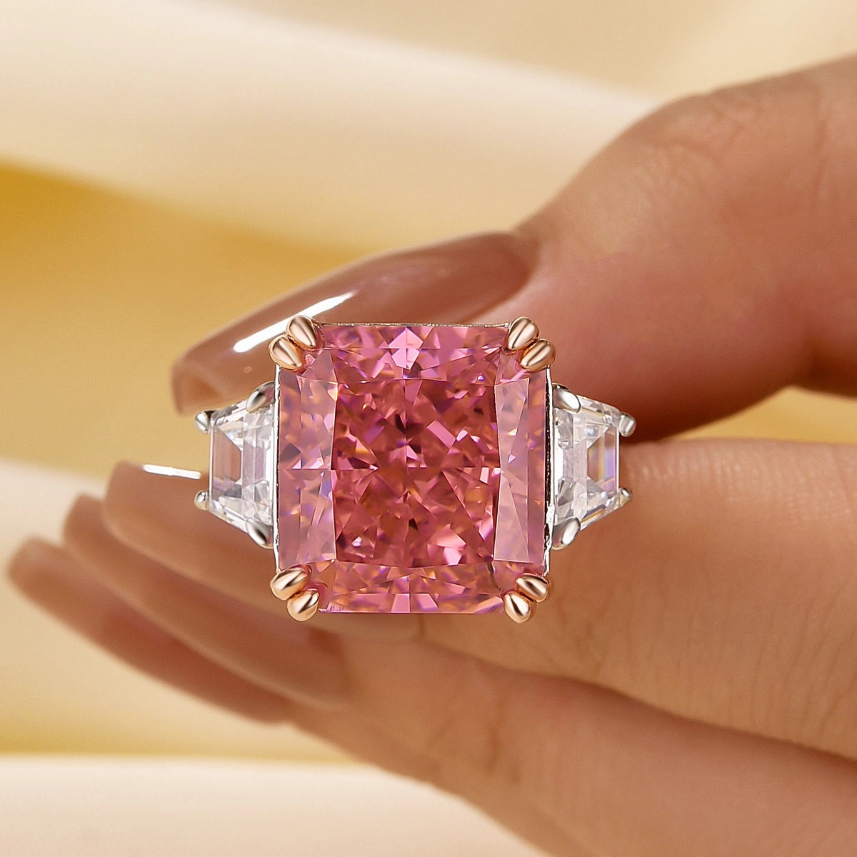 Luxurious Pink Stone Radiant Cut Three Stone Engagement Ring In Sterling Silver Delicate Mark