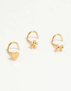 Minimal Spark Glossy Look Gold Plated Surgical Steel Bow, Heart & Flower Nose Stud 3-Pack