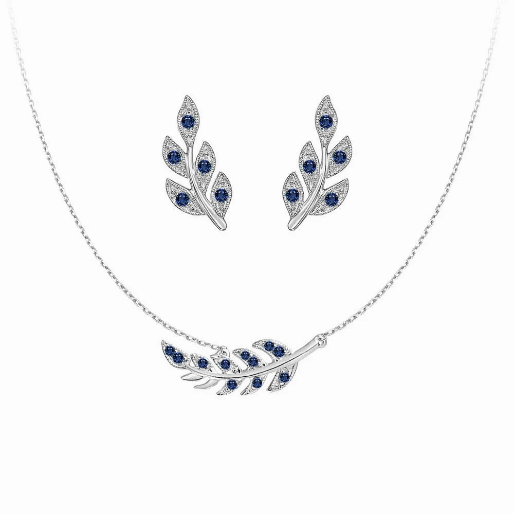Vibrant Shine Couture Botanical Foliage Lab Grown Sapphire Necklace And Earring Set