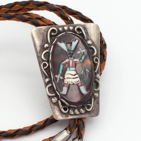 Seasonal Gift Street Accent Roy Vandaver Navajo Handmade Sterling Silver Multi-Inlay Bolo Tie (Set with Zuni Inlay)