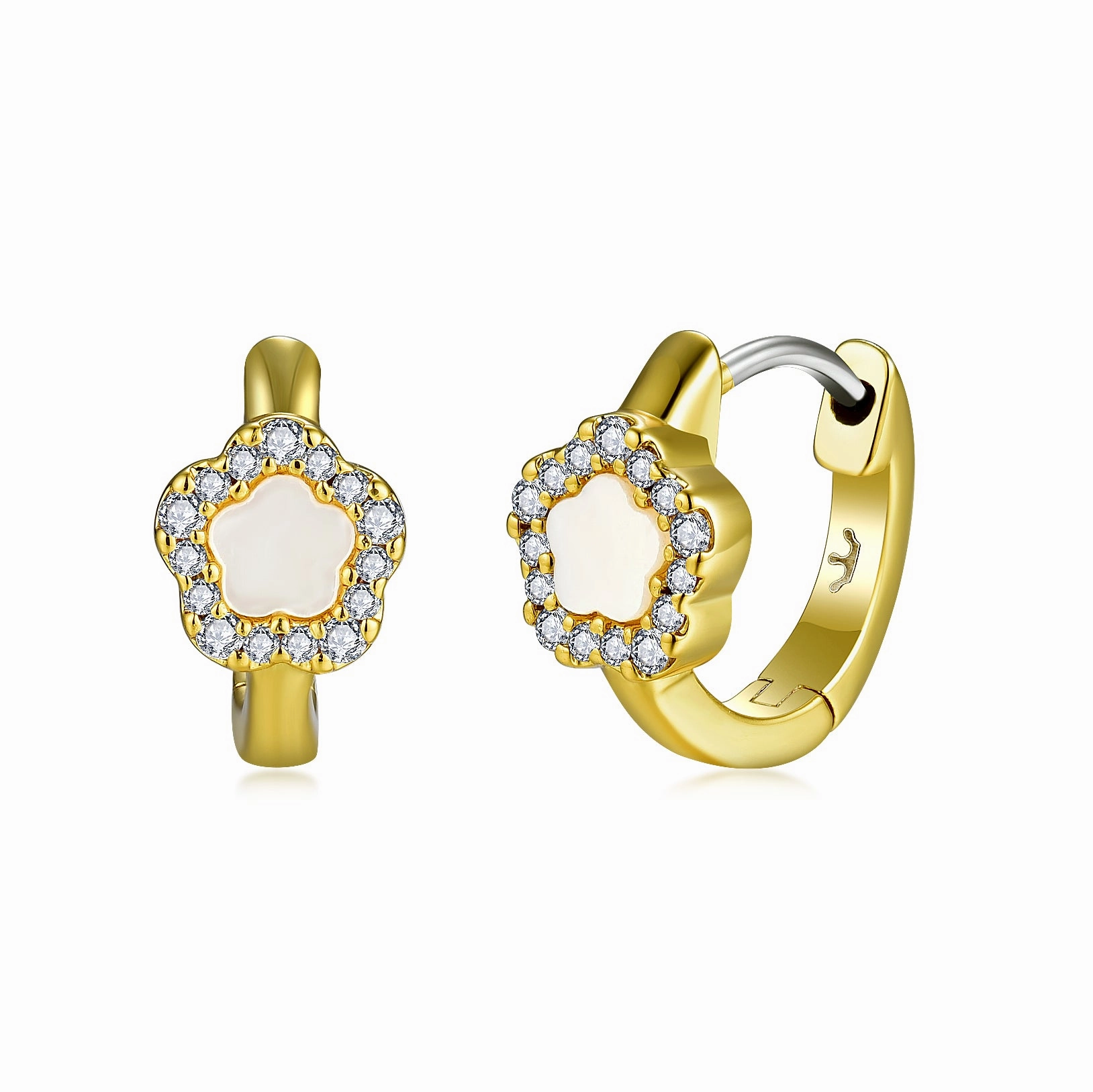 Power Look Gold Plated Surgical Steel Mother of Pearl Heart or Flower on Huggie Earring