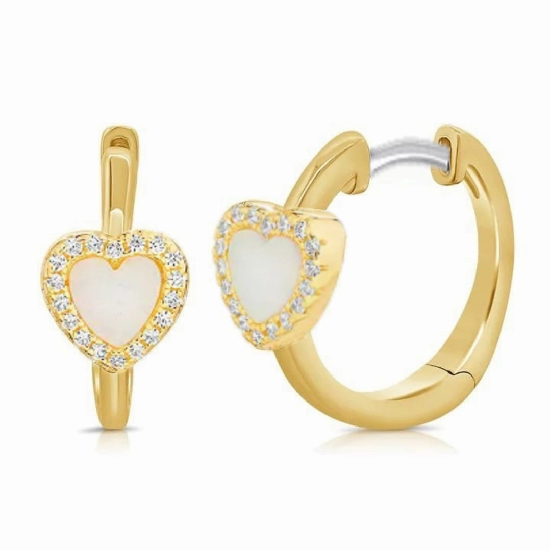 Shiny Radiance Gorgeous Finish Gold Plated Surgical Steel Mother of Pearl Heart or Flower on Huggie Earring