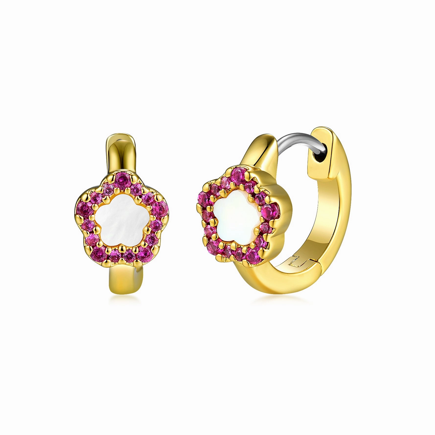 Weekend Glow Vibrant Jewelry Shine Finish Gold Plated Surgical Steel Mother of Pearl Heart or Flower on Huggie Earring