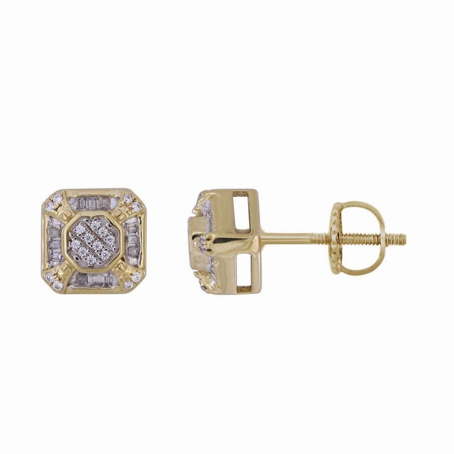 LADIES STUD EARRINGS 0.20CT ROUND/BAGUETTE DIAMOND 10K YELLOW GOLD Daily Layer