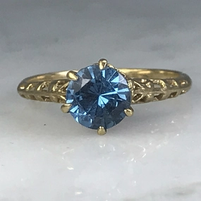 Aquamarine Engagement Ring by Crosby. 10k Yellow Gold Setting. March Birthstone. 19th Anniversary. Sleek Craft Balanced Highlight
