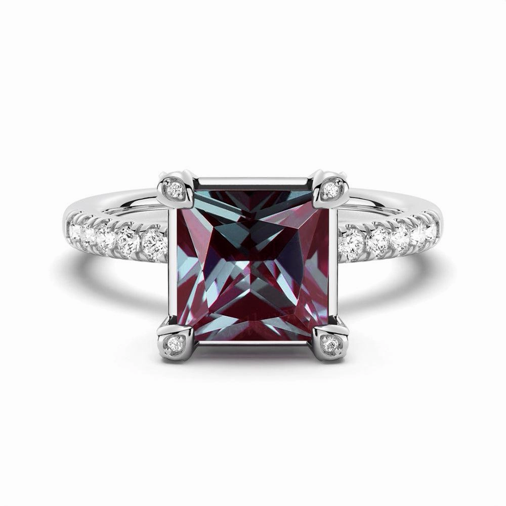 3 CT. Princess Cut Alexandrite Engagement Ring With Moissanite Accents Evening Ensemble Finest Style