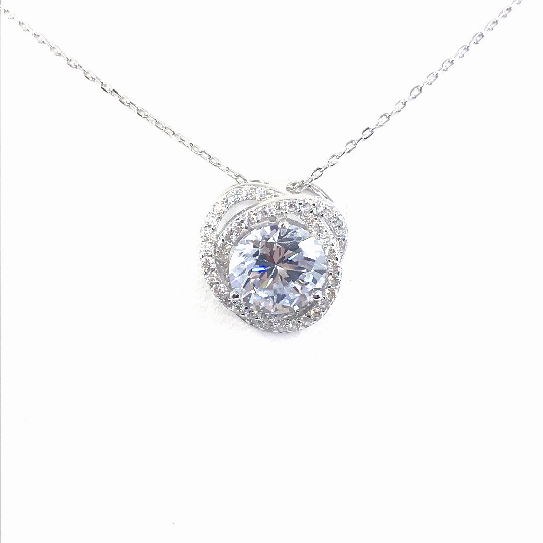 Sterling Silver Circle Micropave and Solitaire CZ Pendant Necklace Premium Look