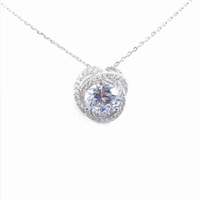 Sterling Silver Circle Micropave and Solitaire CZ Pendant Necklace Premium Look
