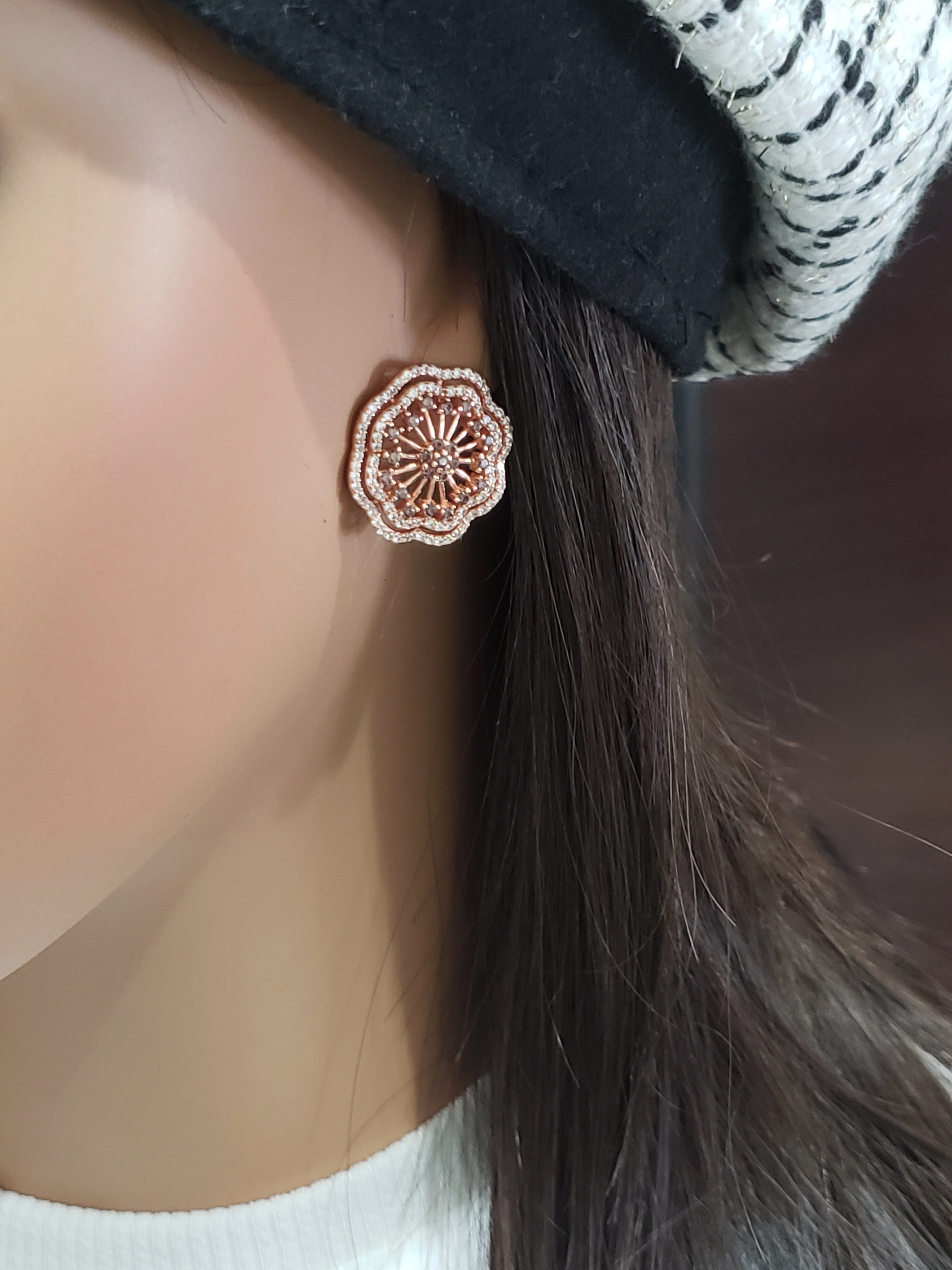 Timeless Craft Design Ethereal Form Rhodium or Rose Gold Plated Sterling Silver Micropave CZ Large Flower Stud Earring
