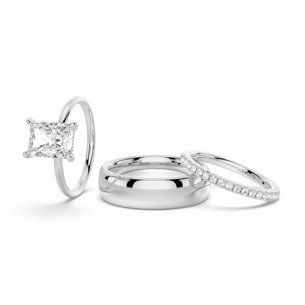 Balanced Texture On The Go Four Prong Radiant Cut Hidden Halo Moissanite Couple's Ring Set with Men's Wedding Band