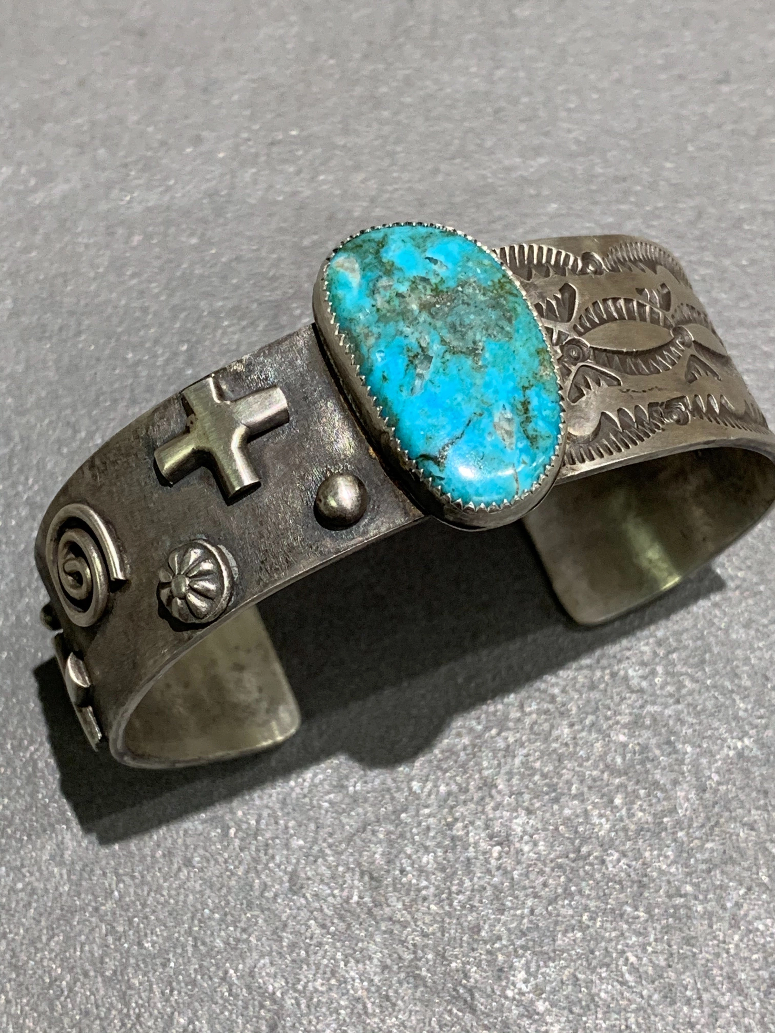 Lustrous Finish Accent Style Delbert Secatero Navajo Sterling Turquoise Bracelet