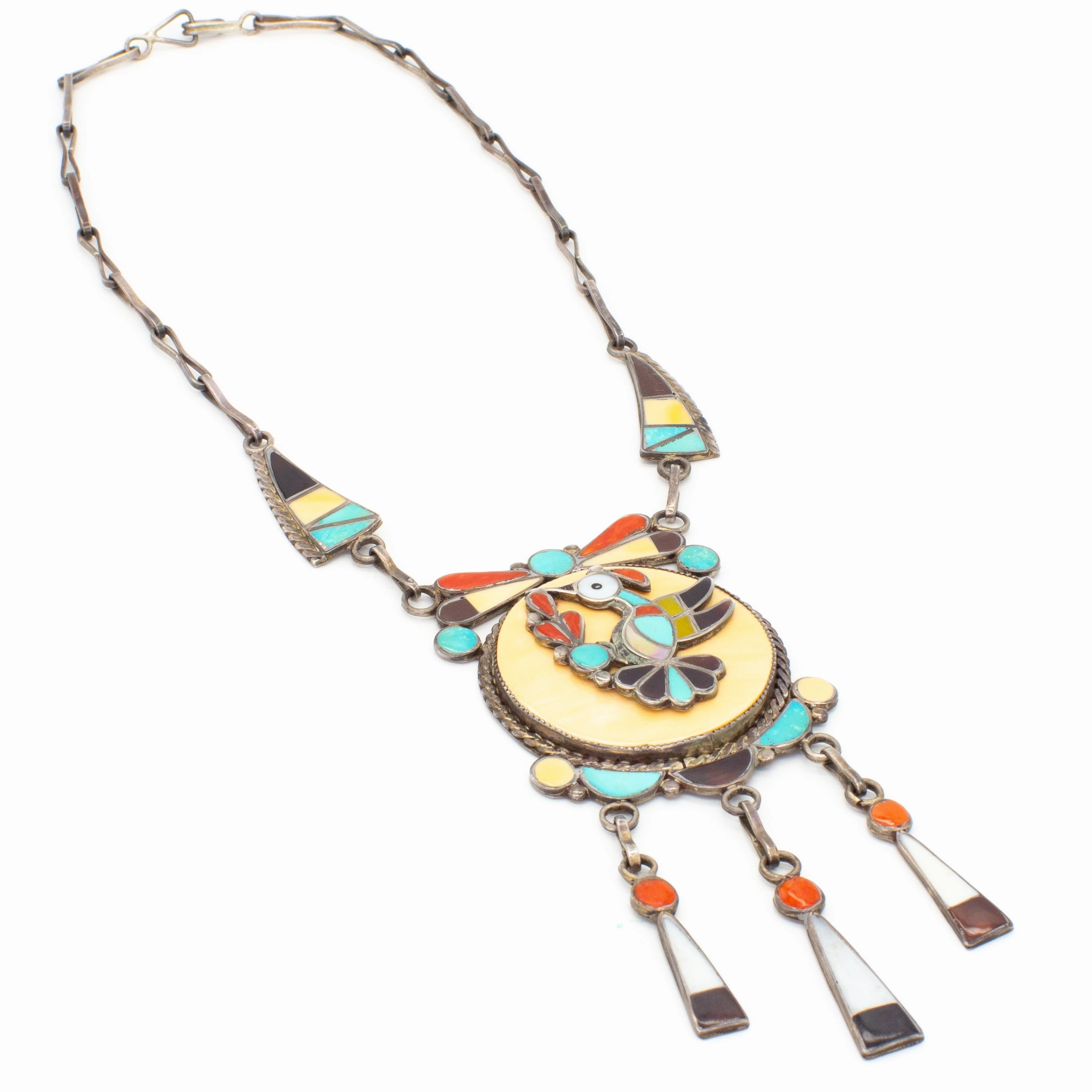 Vintage Mood All Occasion Theodore Edaakie Zuni Handmade Multi-Inlay Sterling Silver Necklace