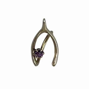 Casual Spark Street Accent Antique Amethyst Wishbone Pendant in 14K Yellow Gold. Upcycled Repurposed Hatpin. January Birthstone.