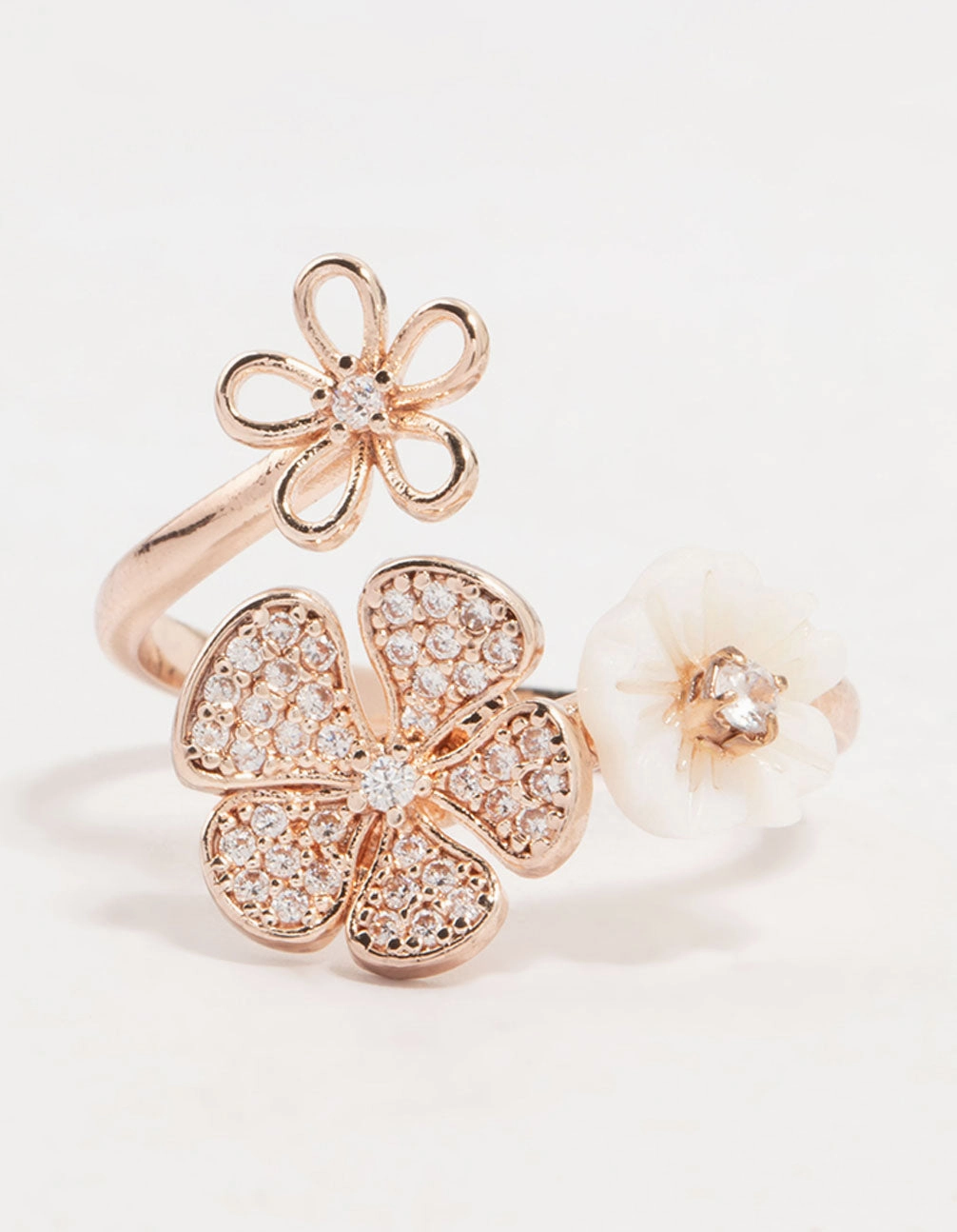 Alluring Edge Rose Gold Floral Trio Cubic Zirconia Wrapped Ring