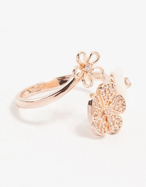 Vogue Accent Rose Gold Floral Trio Cubic Zirconia Wrapped Ring