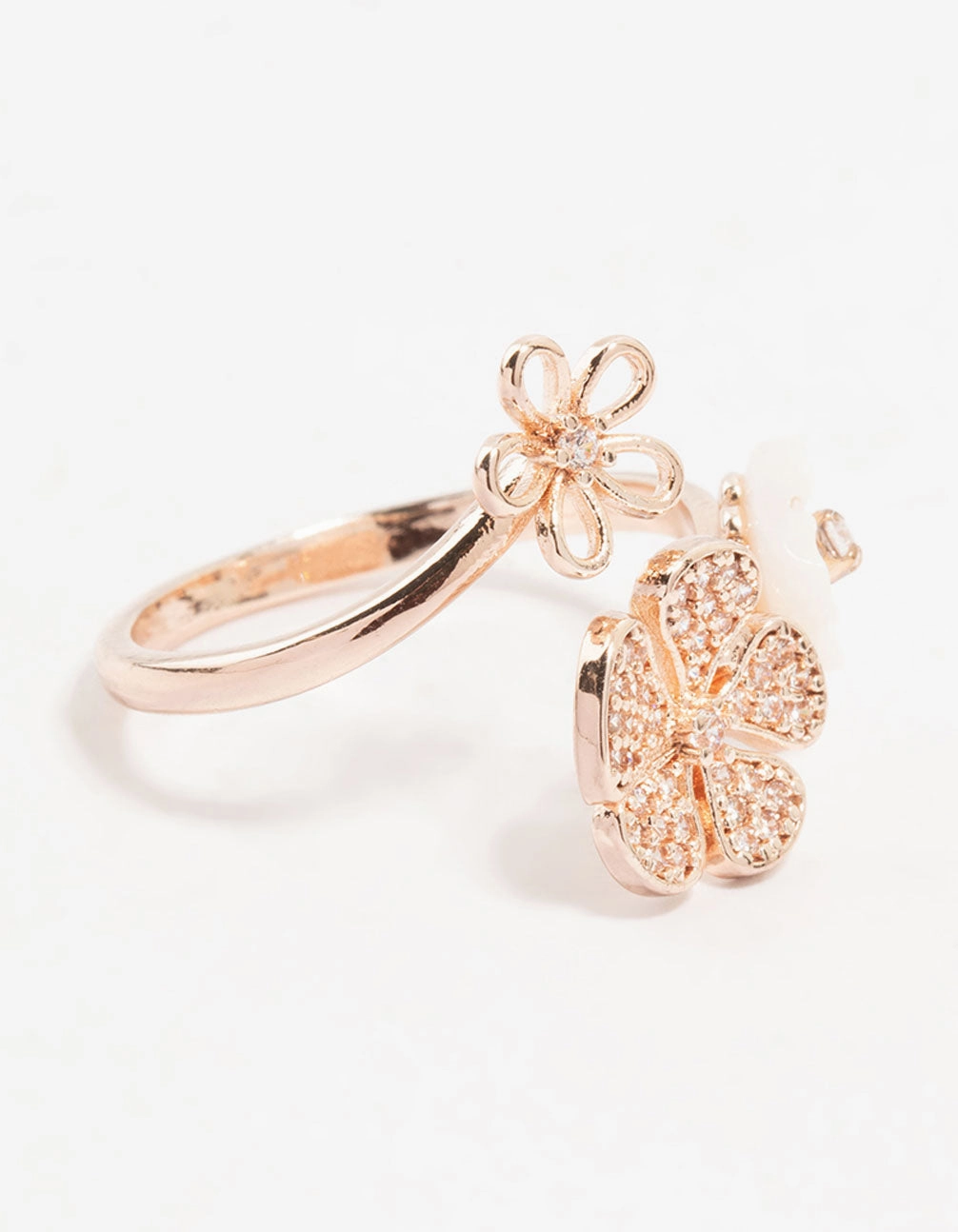 Vogue Accent Rose Gold Floral Trio Cubic Zirconia Wrapped Ring