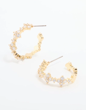 Shimmer Effect Luxe Shine Up Gold Plated Cubic Zirconia Flower Large Round Hoop Earrings