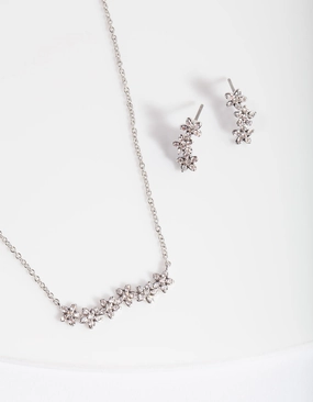Silver Diamond Simulant Flower Cluster Necklace & Earrings Set Textile Shine